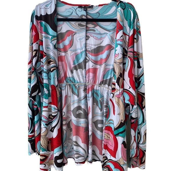 Lily 🩵 Geometric Retro Patterned Long Open Topper, Elastic Waist Front Tie, 2X - Picture 2 of 13